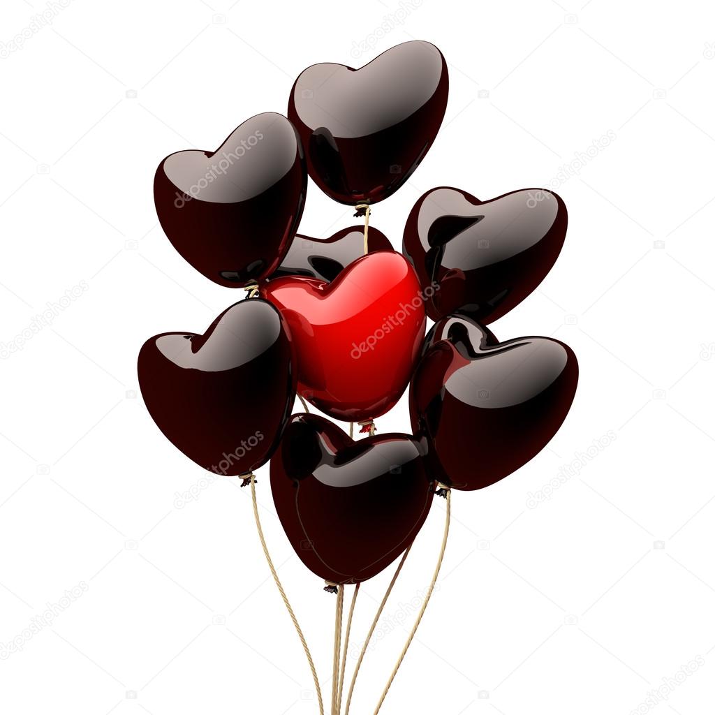 Black heart balloons isolated on the white background. 3D render