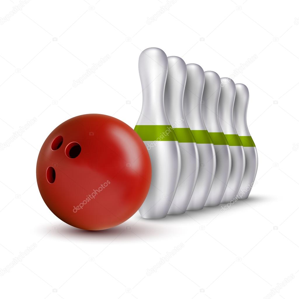 Ball and pins of bowling. Vector realistic skittles with ball is