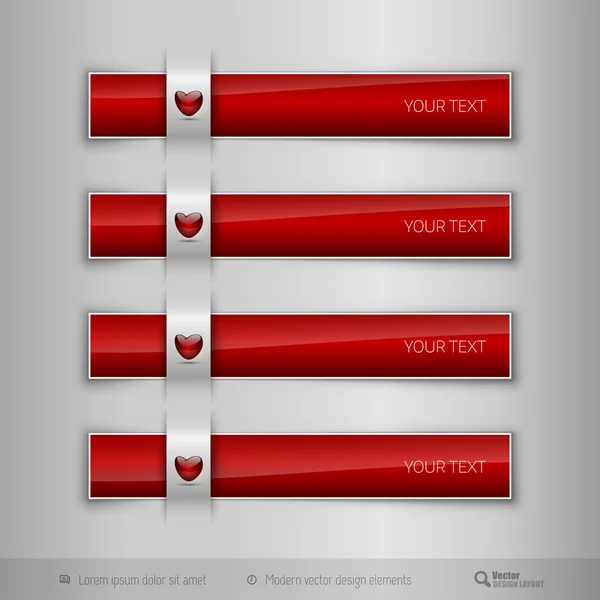 Black  tabs with  glossy heart. Modern vector design elements. — Stock Vector