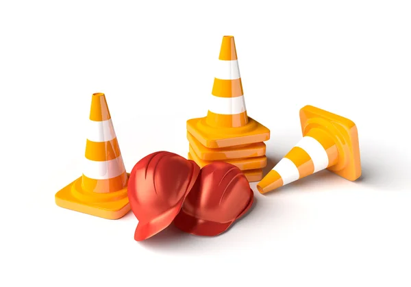 Traffic cones with work helmet isolated on the white. — Stockfoto