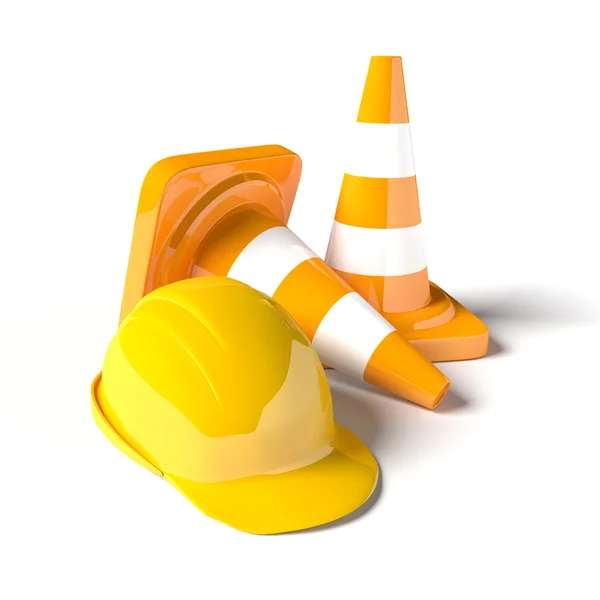 Traffic cones with work helmet isolated on the white. — 스톡 사진