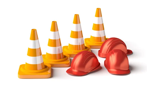 Cones de tráfego com capacete de trabalho isolado no branco . — Fotografia de Stock