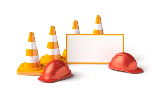 Cones de tráfego com capacete de trabalho isolado no branco . — Fotografia de Stock