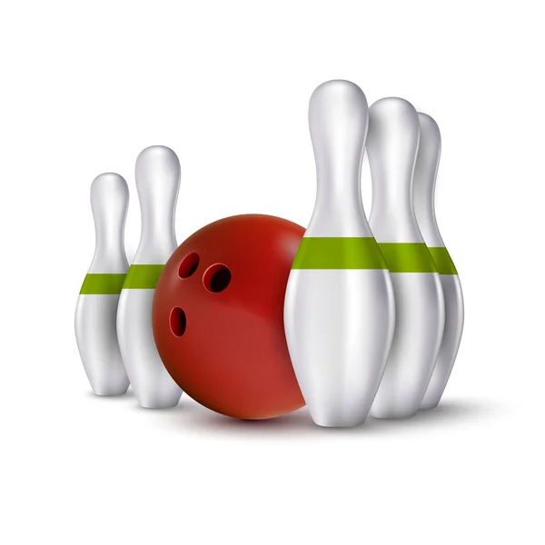 Bola e alfinetes de bowling. Vetor realistas skittles com bola é — Vetor de Stock