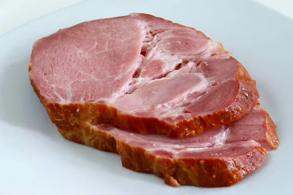 Twee Plakken Gerookt Varkensvlees Plaat — Stockfoto