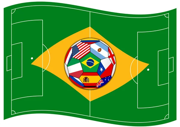 Campo de fútbol parece bandera de Brasil con pelota — Vector de stock