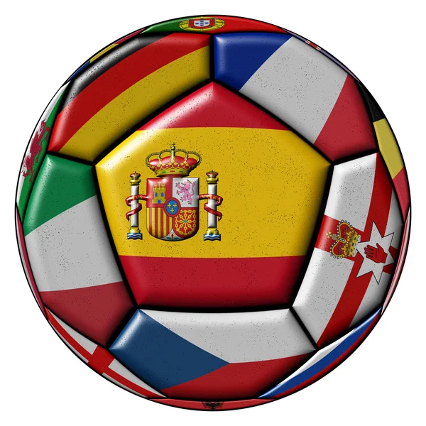 Balón de fútbol con banderas - Bandera de España en el centro — Foto de Stock