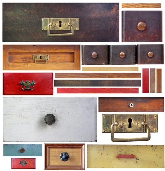 Old drawers, wooden strips and escutcheons on white background — Stock Photo, Image