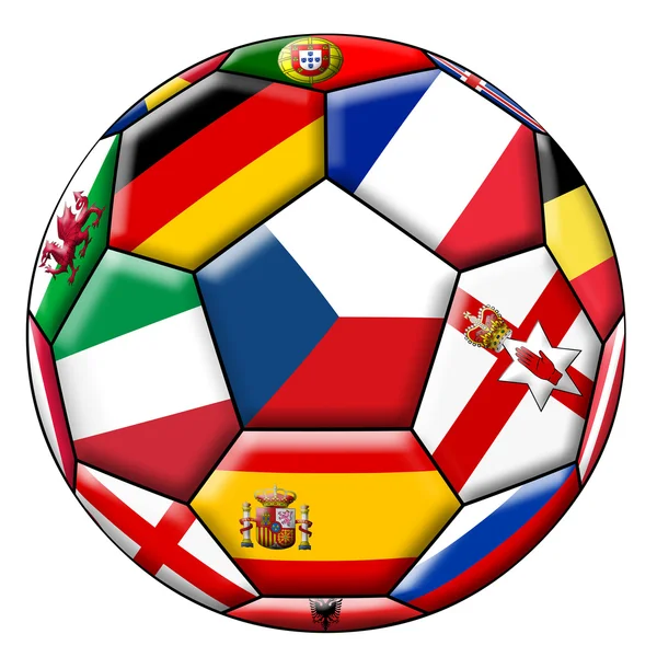 Pelota de fútbol con varias banderas — Foto de Stock