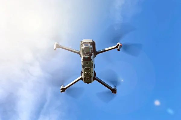 Drone Hovering Blue Sky Sunshine Background Light Flares View Space — Stock Photo, Image