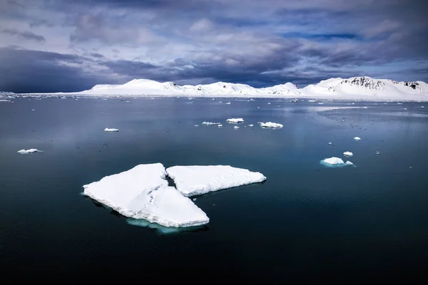 Fragmentos Flutuantes Gelo Mar Ártico Com Montanhas Cobertas Neve Svalbard — Fotografia de Stock