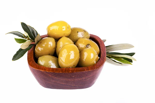 Small Wooden Bowl Green Olives Herbs Small Olive Branches Isolated — Stock Photo, Image