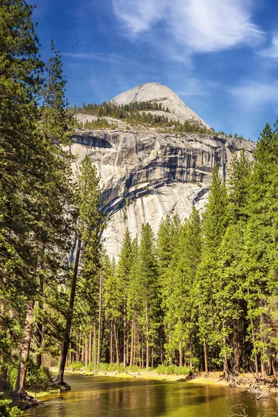 Yosemite Pół Kopuły Jasny Słoneczny Dzień Rzeka Sosnowy Las Widać — Zdjęcie stockowe