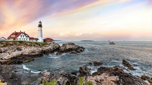 Panoramisch Uitzicht Portland Head Lighthouse Bij Zonsondergang Cape Elizabeth Maine — Stockfoto