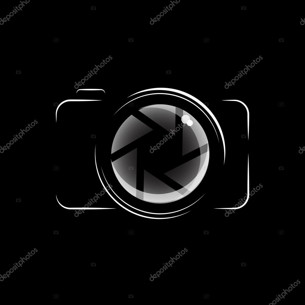 Simple, minimal camera icon in black and white, isolated over black background. EPS10 vector format.