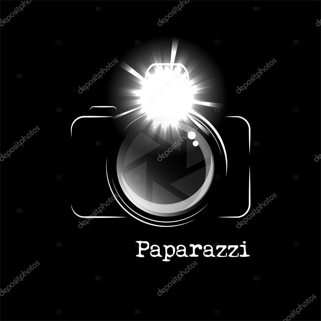 Minimalistic camera icon, with bright flash and the word Paparazzi, isolated over black background. EPS10 vector format