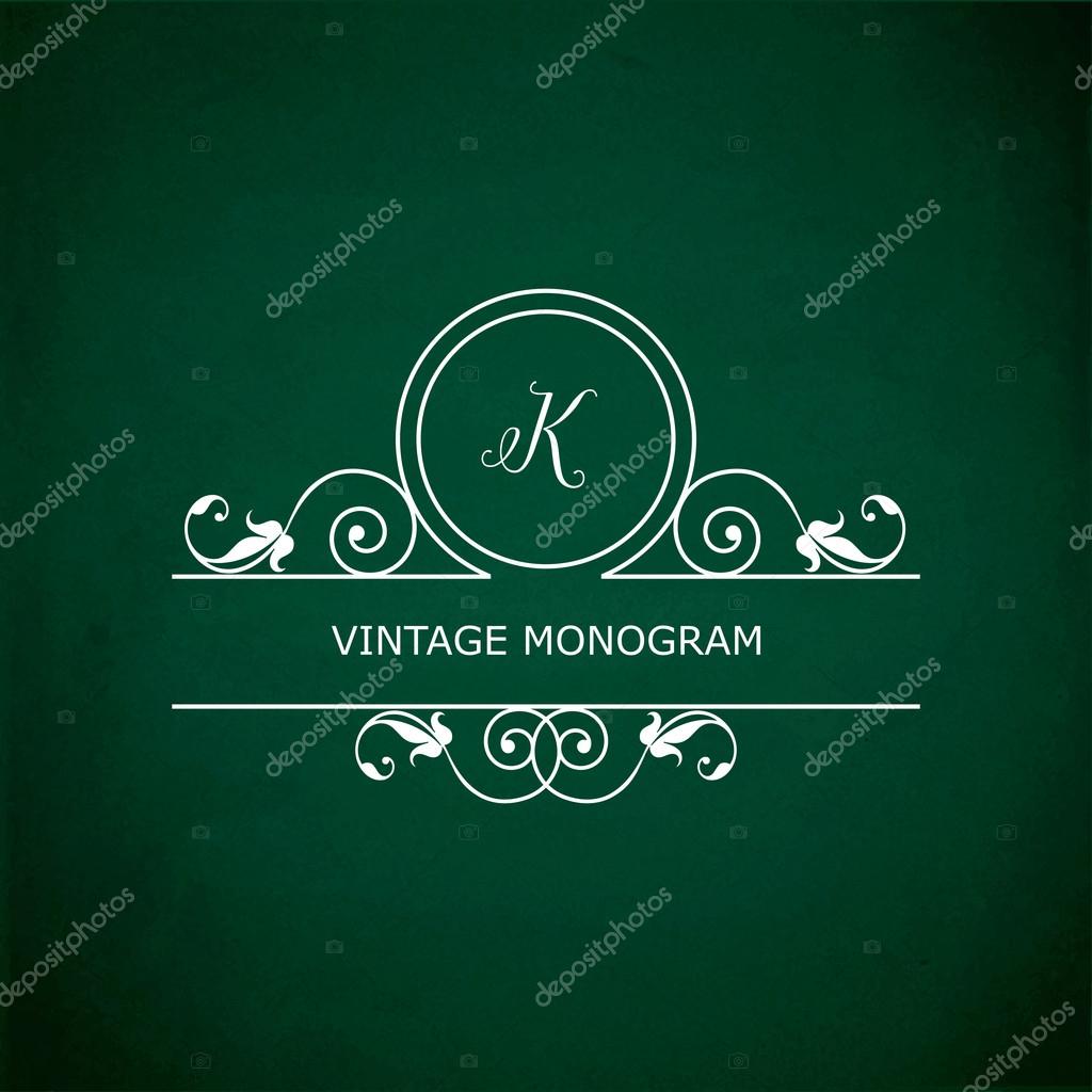Monogram of the letter K, in retro floral style on green chalkboard background. EPS10 vector format