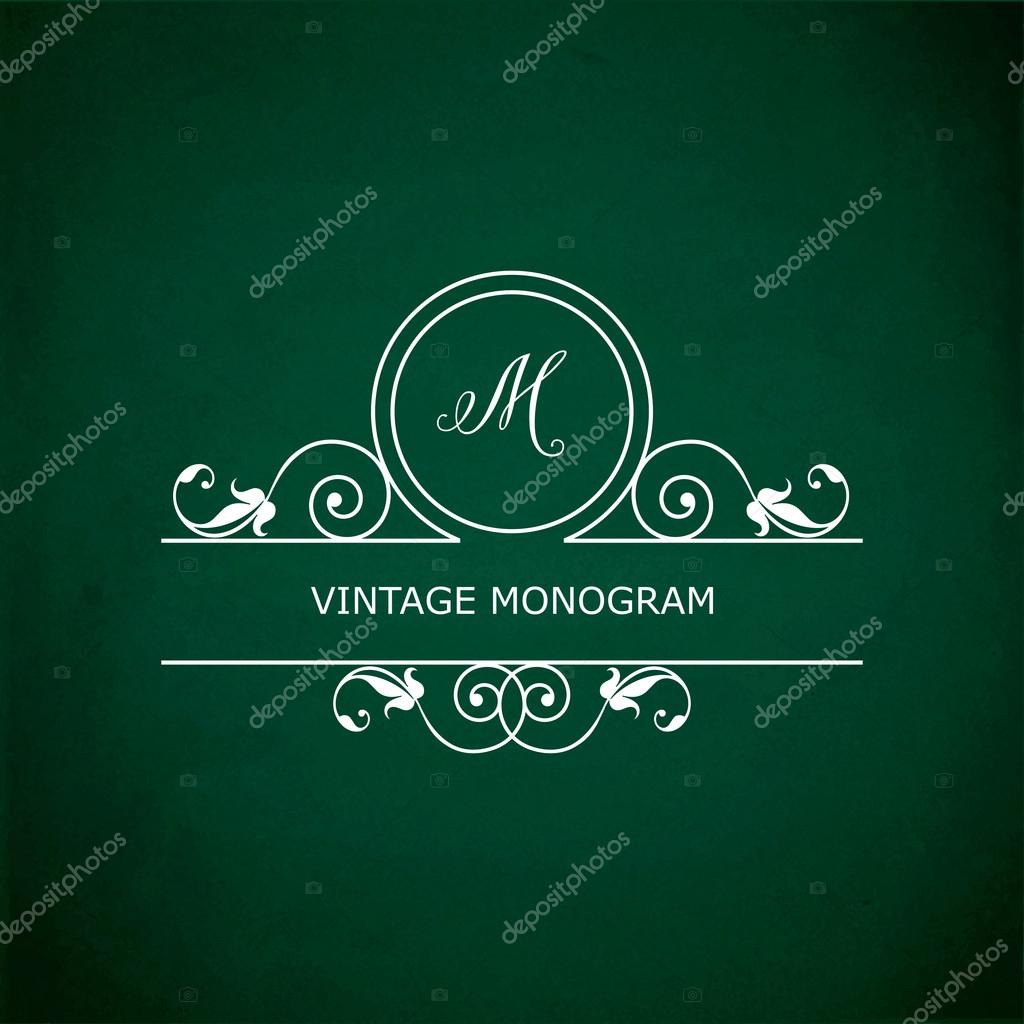 Monogram of the letter M, in retro floral style on green chalkboard background. EPS10 vector format