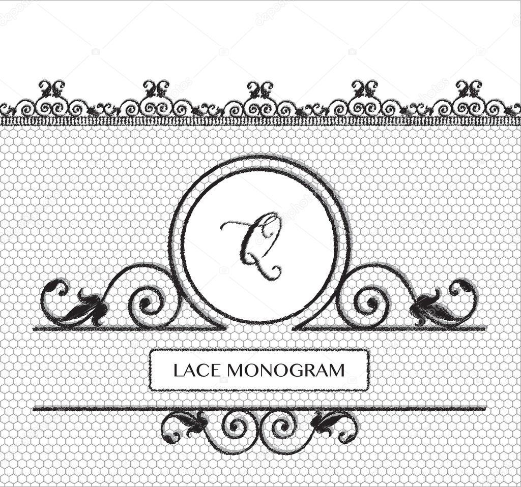 Letter Q black lace monogram stitched on seamless tulle background with antique style floral border