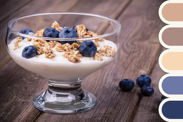 Yoghurt en bosbessen met kleur stalen — Stockfoto