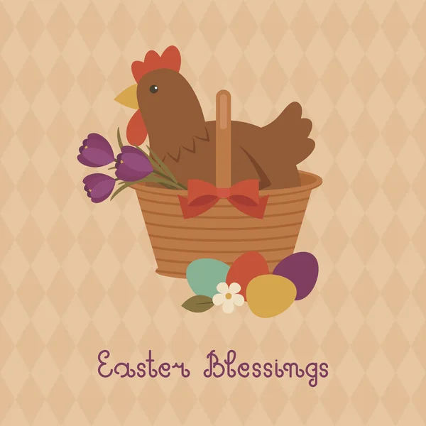 Easter Blessings card with hen in a basket — Stock Vector