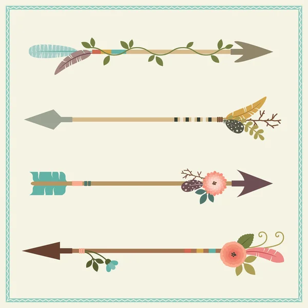 Beautiful native american arrows, feathers and floral decoration — Stock Vector