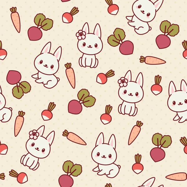 Kawaii seamless mönster med kaniner och grönsaker — Stock vektor