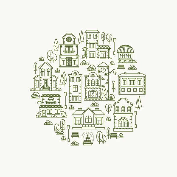 Real estate city buildings. Stock vector line art illustration — Stock Vector