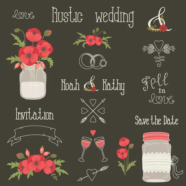 Elementos de diseño de boda rústico con flores de amapola — Vector de stock