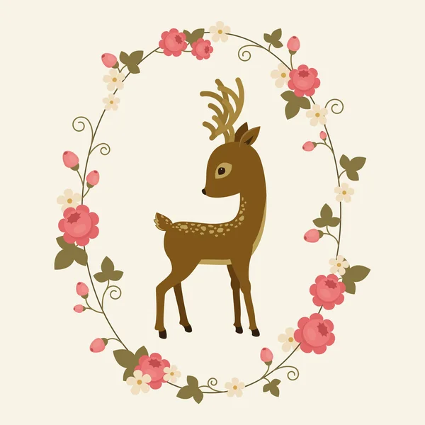 Little deer in a rose wreath — Stock Vector