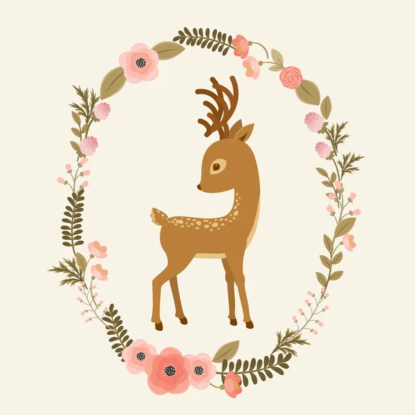 Little deer in a floral wreath — Stock Vector