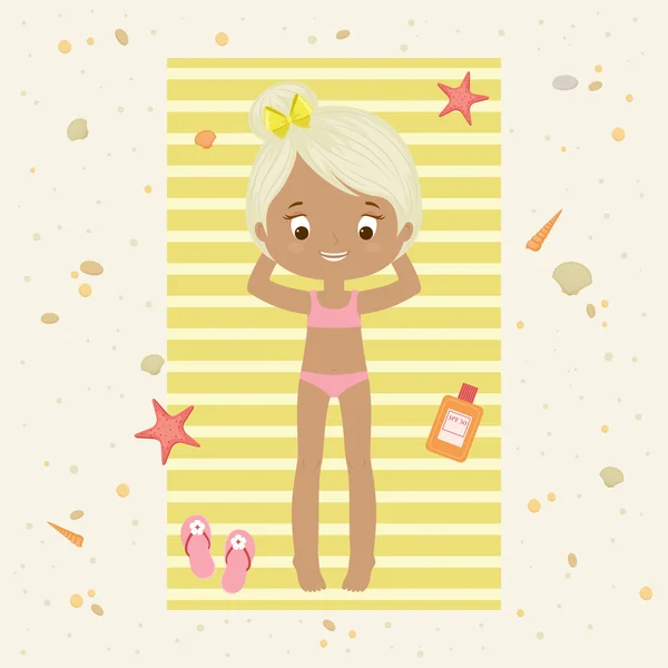 Petite fille sur une serviette de plage — Image vectorielle