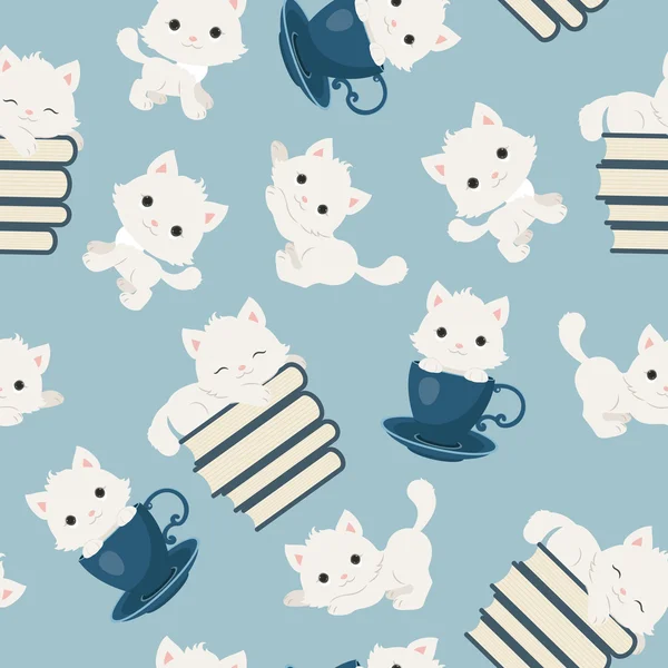 Blanco juguetón gatitos patrón sin costuras — Archivo Imágenes Vectoriales