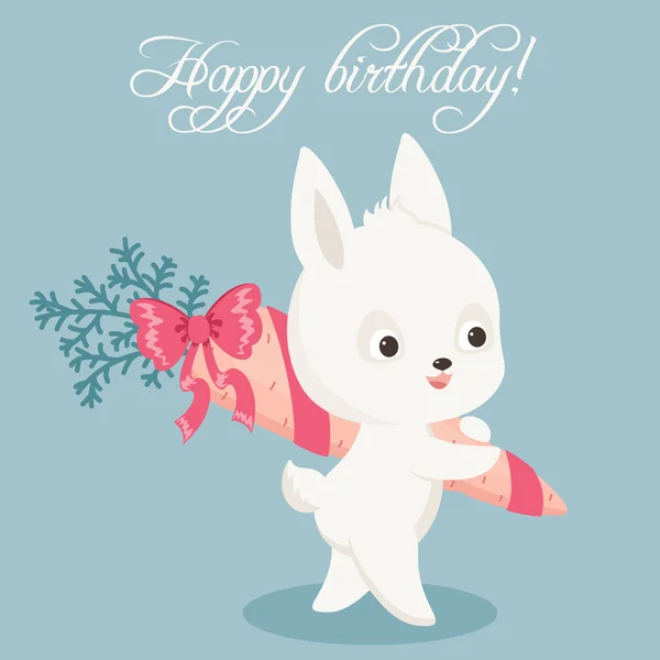 Happy birthday card with bunny carrying a carrot — Stock Vector
