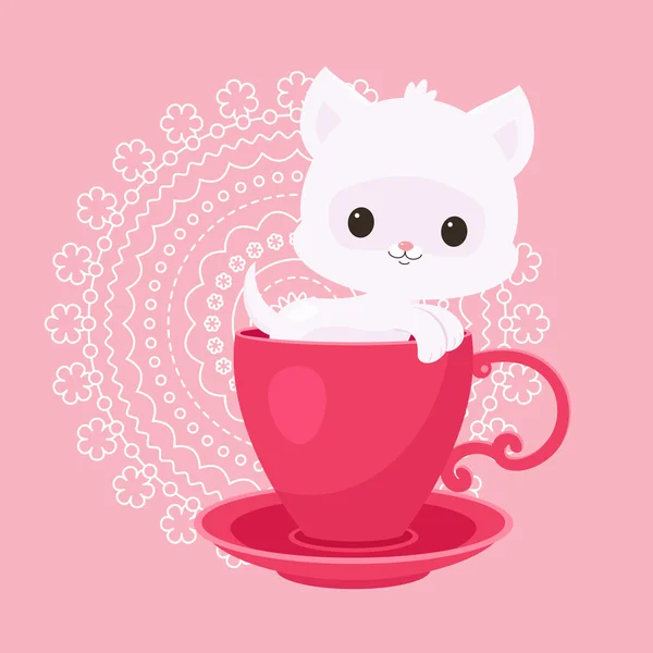 Fehér cica/macska egy tea/kávé-kupa — Stock Vector