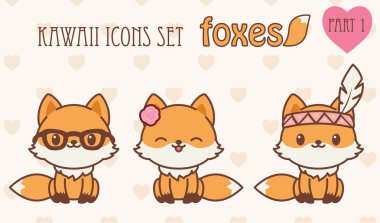 Kawaii Icons set tilki. Bölüm 1