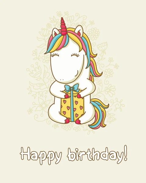 Tarjeta de cumpleaños con unicornio — Vector de stock