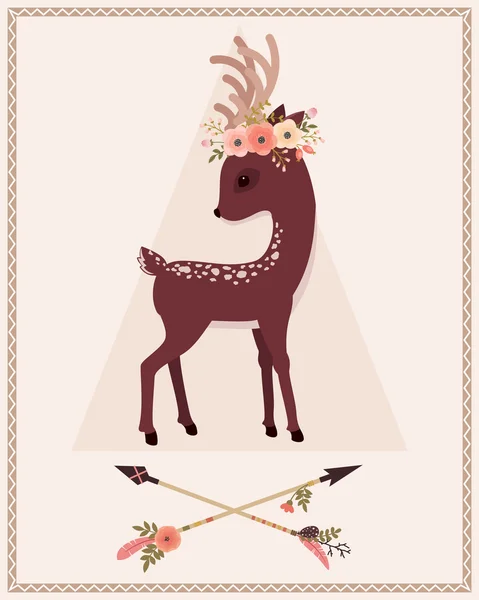 Deer in floral wreath and arrows — Stock Vector