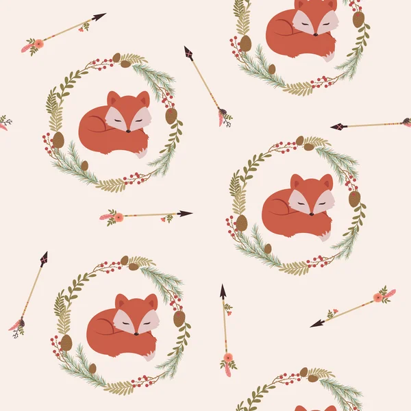 睡觉的狐狸在花圈无缝壁纸 — 图库矢量图片