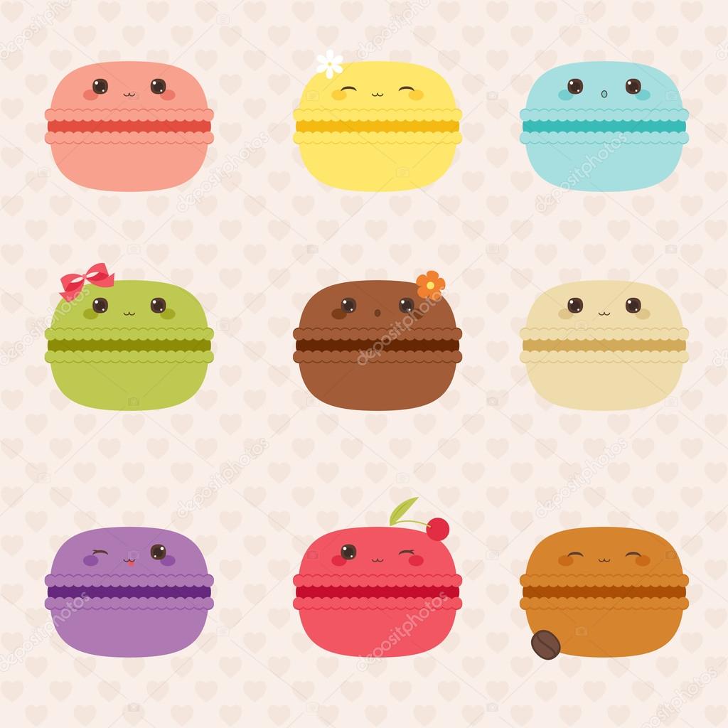 Set di icone di kawaii macarons Caratteri di biscotti francesi carina Macarons colorati con diversi sapori su priorit  bassa senza giunte