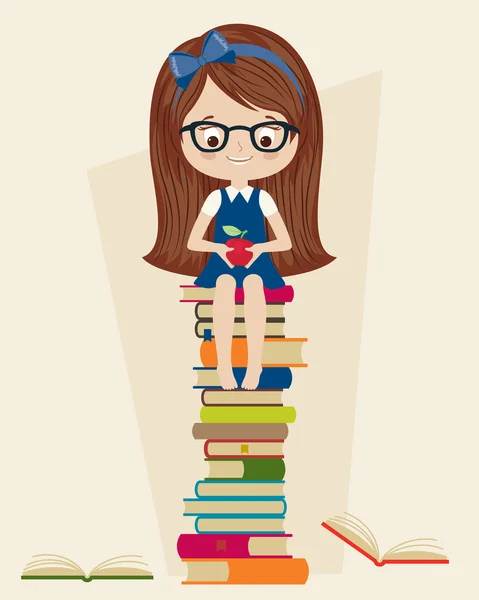 Little girl sitting on a pile of books — Stock Vector
