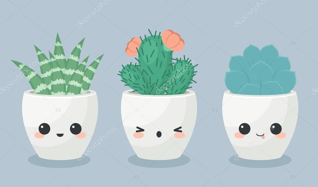 Cacto Fofo Com Rostos. Personagens De Plantas De Vaso Succulto De