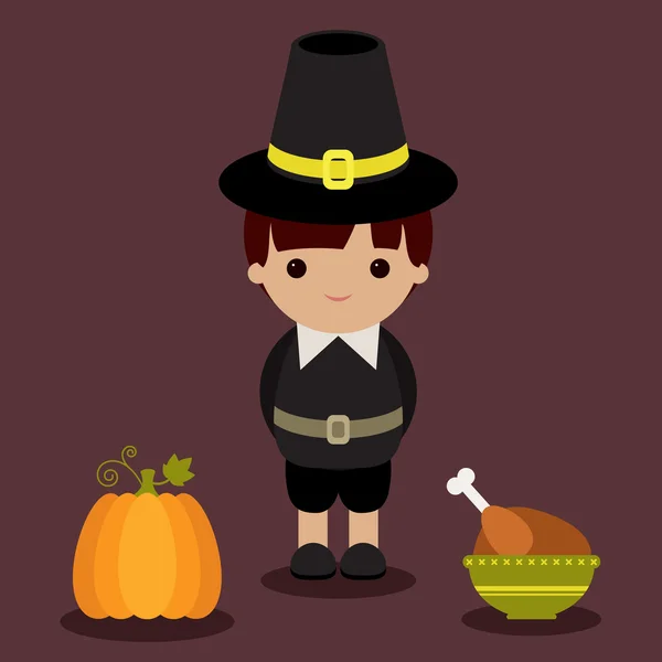 Pèlerin de Thanksgiving avec citrouille et dinde rôtie — Image vectorielle
