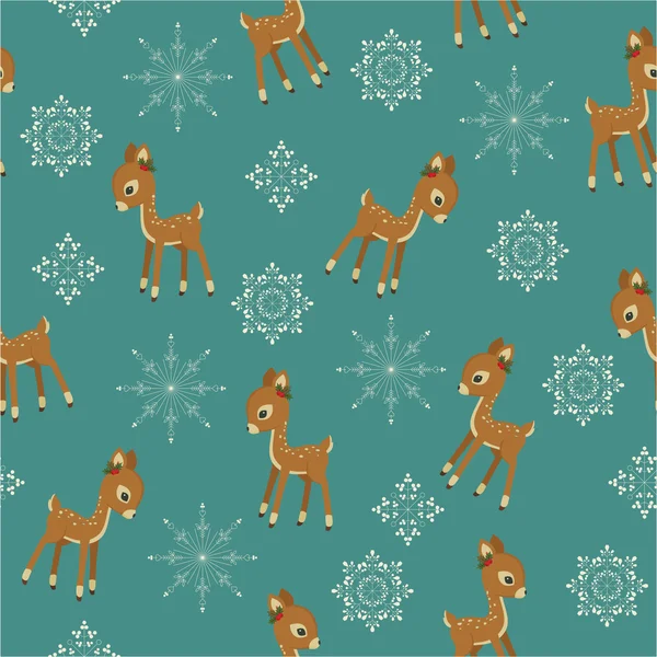 Winter retro seamless with baby deer and snowflakes — Stock Vector