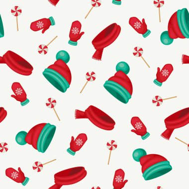 Sevimli kış sıcak giysiler ve şeker ile seamless modeli