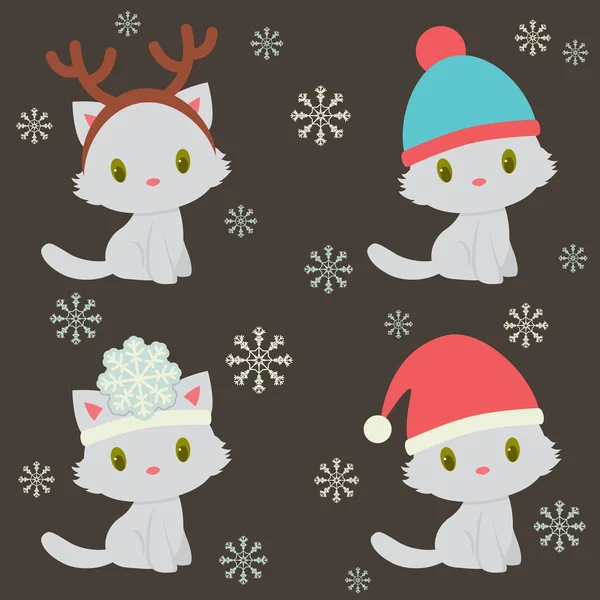 Четыре милых персонажа котят в зимние праздники — стоковый вектор