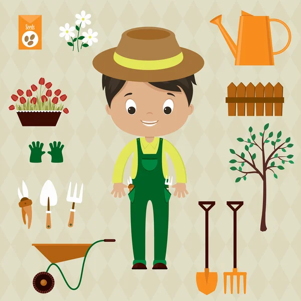 Gardener man with garden tools — Stock Vector
