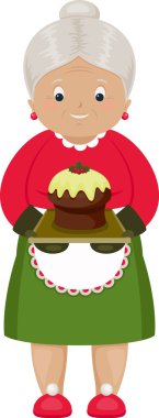 Pişmiş Noel Kek ile gülümseyen büyükanne.