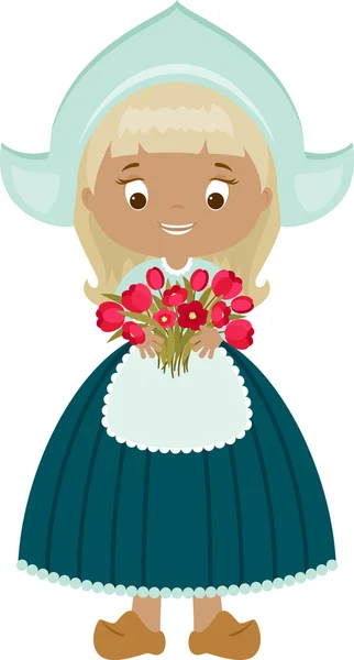 Girl in a traditional Netherlands costume with tulips — Stock Vector