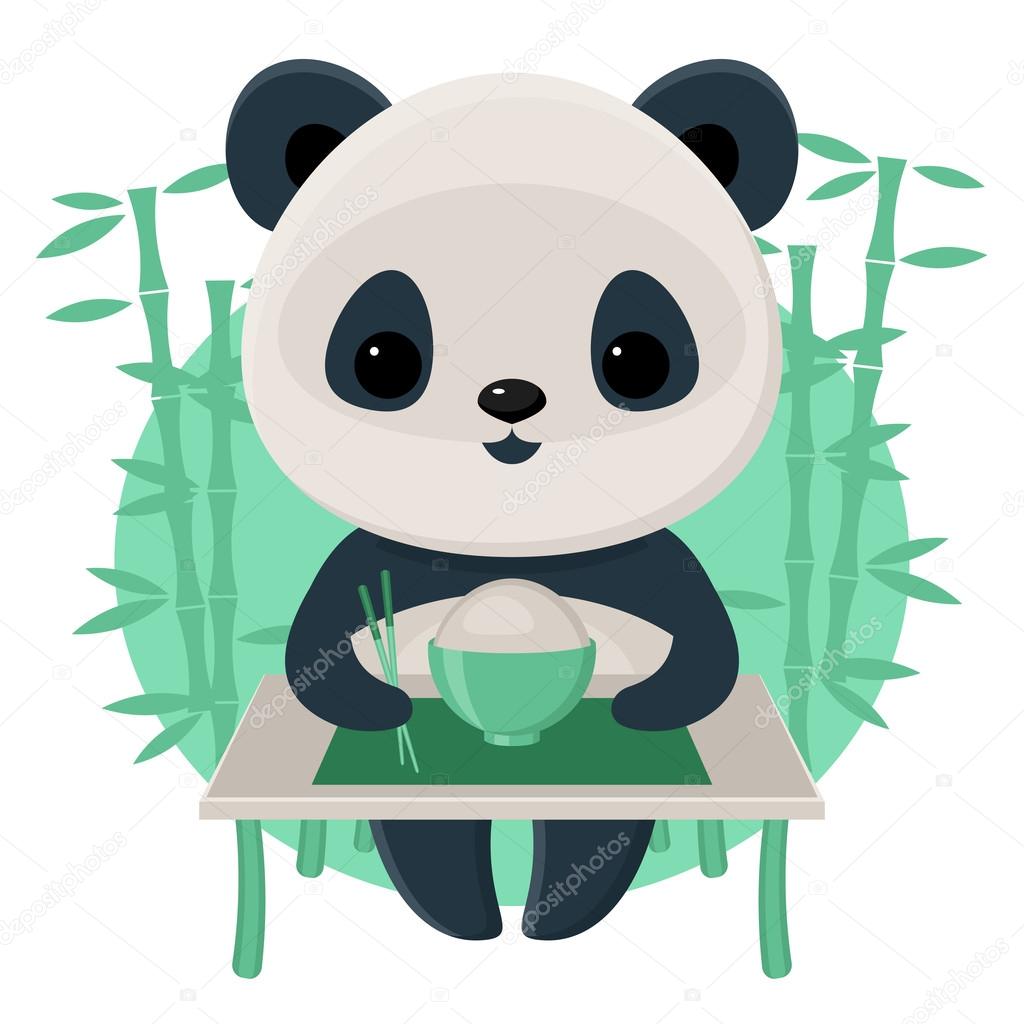 Panda eating rice using chopsticks